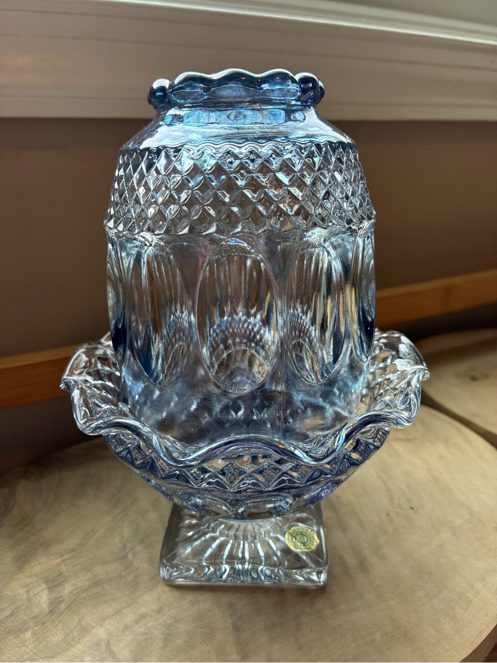 Vintage Westmoreland Blue Carnival Glass Fairy Lamp Diamond Wakefield Crystal